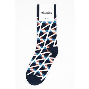Social Climb Crew Socks Made in USA Blue White Orange Geometric Pattern NWT